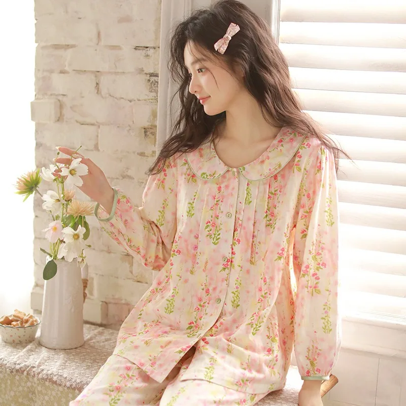 Pure Cotton Pajamas for Women's Wear, Sweet Floral Long-sleeved Set, Double-layer Cotton Yarn Cute Doll Collar Popular Home Wear
