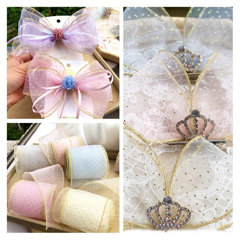 Width 7cm,Gauze Ribbon,Pure Color,With Golden Dot,DIY Handmade Bow Tie Hairpin Materials,Gift Flower Bundle Packaging Decor Lace
