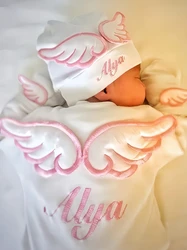 Dollbling 3pcs Embroidery Name Newborn Angle Wings Romper Blanket Nursery Bedding Swaddle Handmade Infant Outfit