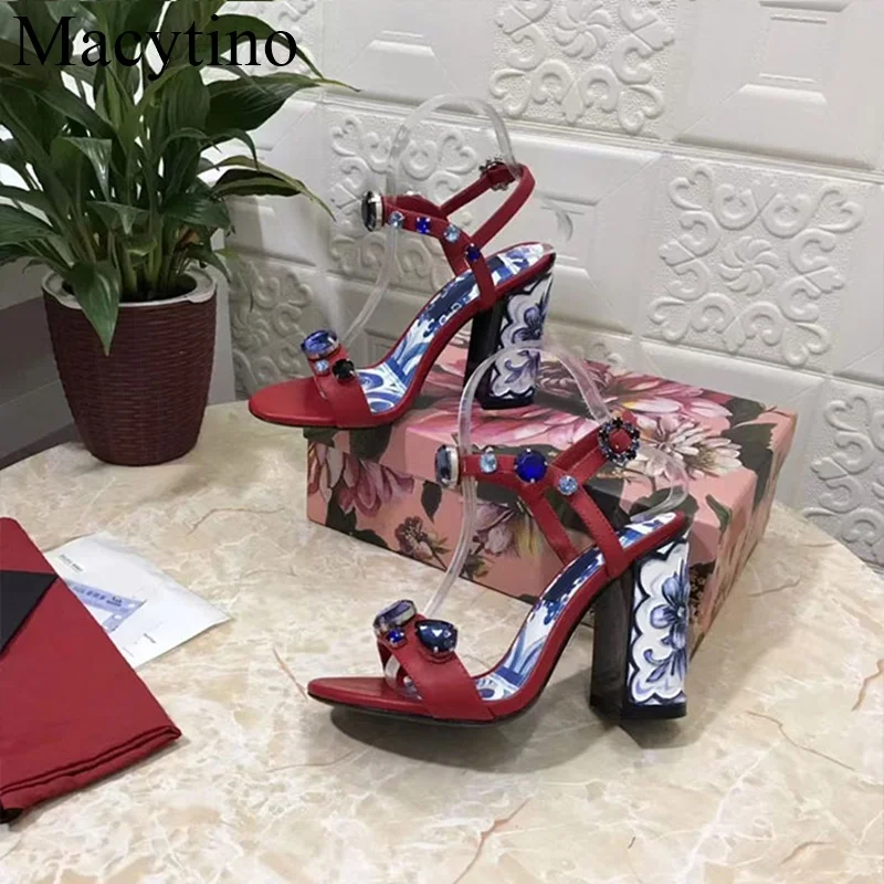 2024 New Brand Women Sandals Summer Shoes Blue And White Porcelain Print Sandals Rhinestones  Pumps Red Black Green