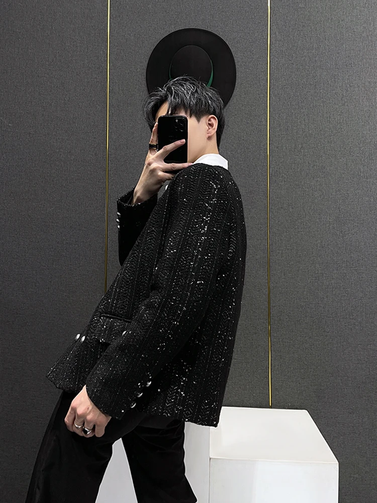 Fashionable Jacket Men's Winter High-End Short Double-Breasted Collarless Wide-Shoulder Jacket Men's Sequined Temperament Top
