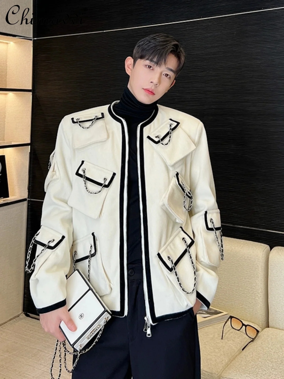 

2023 Autumn Winter High-End Fashion Multi-Pocket Chain Jacket Men Korean Loose Handsome Long Sleeve Personality Jacket Coat