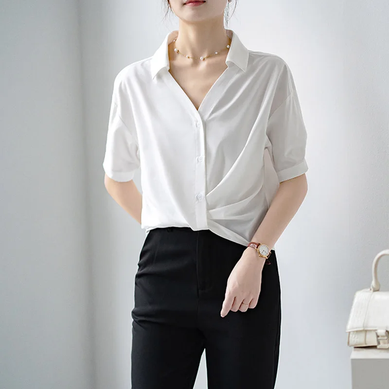 

White V-neck Irregular Shirt for Women, Summer New Design Short Sleeve Top