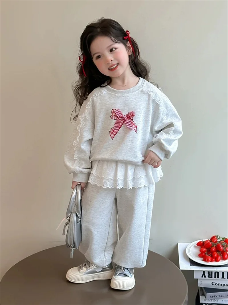 2025 Autumn Girls 2 Piece Sets Children Cotton Lace Long Sleeve Bow Sweatshirt Suit Kids Sports Loose Tracksuit Outfits
