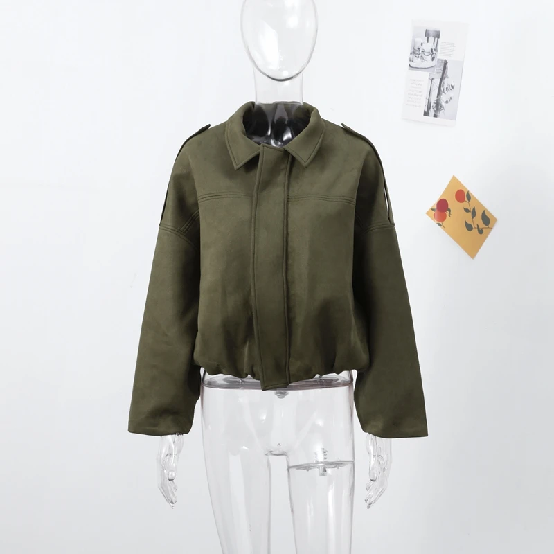 Vintage-Jacke aus massivem Kunstwildleder mit Reißverschluss für Damen, modisch, elastische Taille, Taschen, Reverskragen, locker geschnittener Mantel, Damen-Alltags-Street-Outfit. – Detail 4