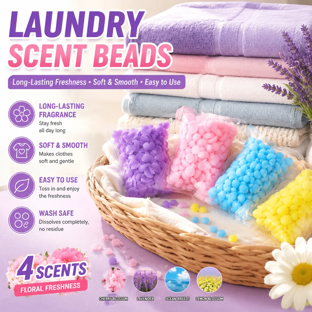 Water Soluble Film Laundry Scent Beads Long Lasting Fabric Softener Perfume Pearls for Fresh Soft Clothes Care