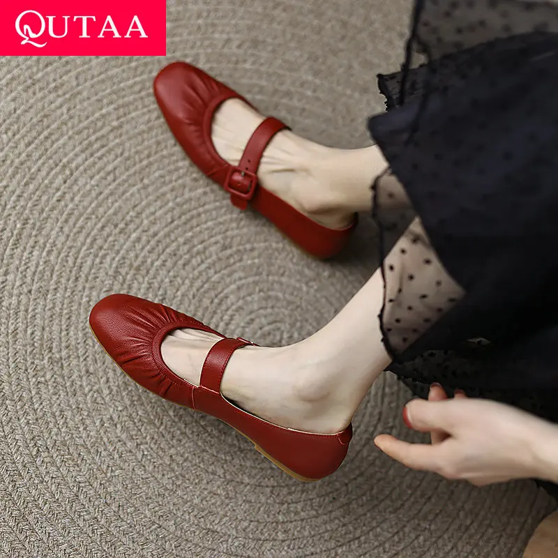 

QUTAA 2022 Mary Janes Summer Round Toe Casual Female Flat Heels Genuine Leather Elegant Women Shoes Big Size 34-40