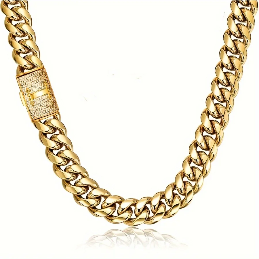 

14mm Miami Cuban Link Chain Necklace for Men,18K Gold Plated Stainless Steel Cut Faux Initial Letter "I" Buckle Punk Necklace