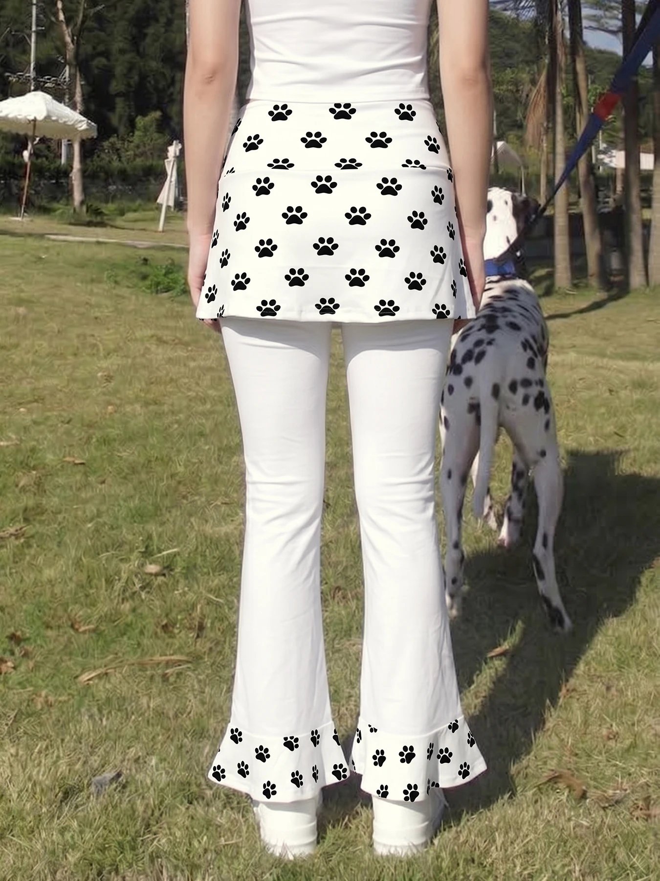 Ladies Harajuku Aesthetics Cute Paw Printed 2 in 1 Skirt Flare Pants High Waist Layered Skirted Leggings Y2K Streetwear Trousers