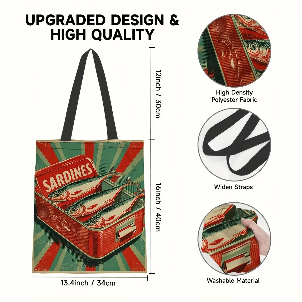 1pc Vintage Sardine Can Print Tote Bag - Durable Polyester Large Capacity Retro Kitchen-Themed Design with Bold Typography