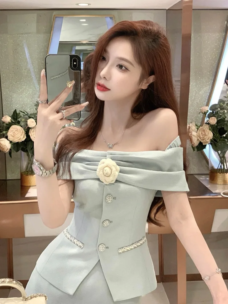 Temperament Sweet Embroid Sling Top Pantskirt Two-piece Set Women Shirring Single Breasted Sleeveless Collarbone Celebrity Suit