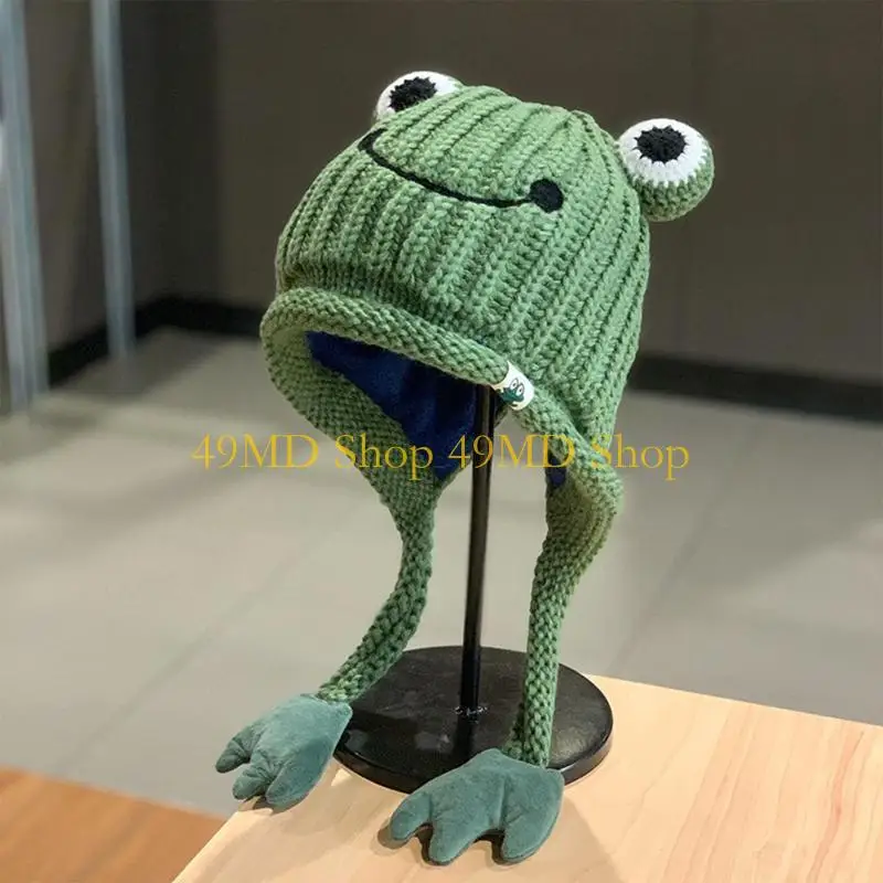 49MD for Frog Knitted Hat Cold Hat Beanie Cap Warm for Fall Winter Daily W