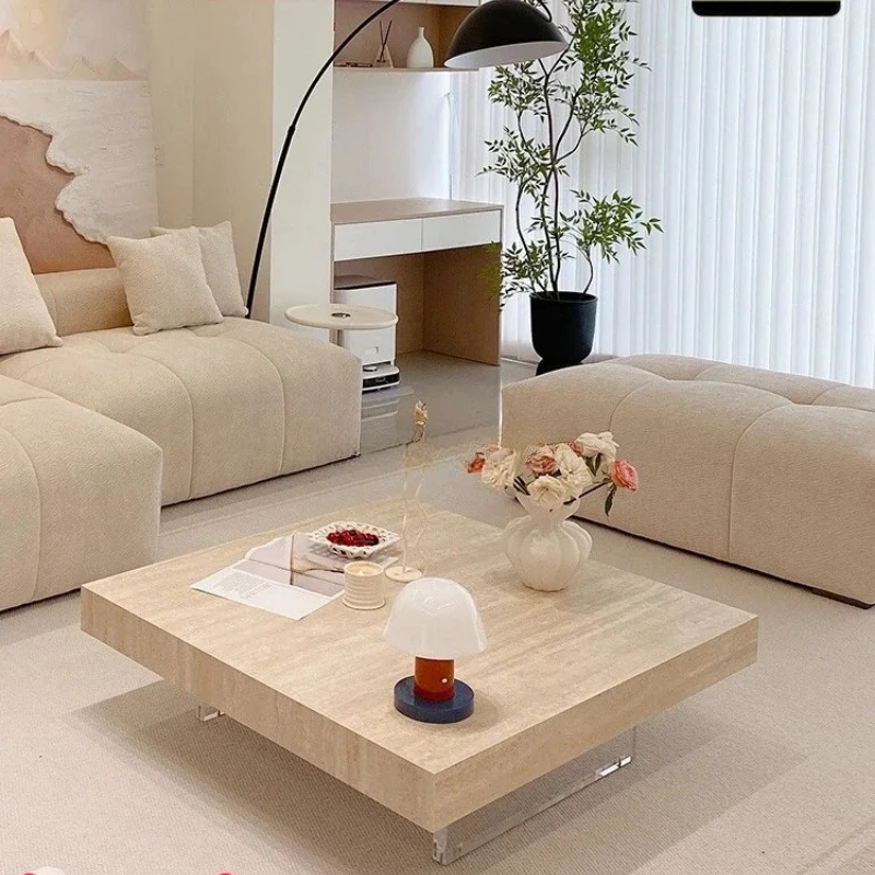

Floating Square Travertine Stone Coffee Table for Living Room Home Designer Italian Minimalist Acrylic Legs