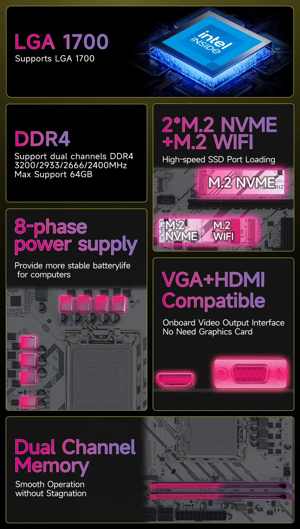 Placa base HUANANZHI B760M VH-B M-ATX DDR4 compatible con 12 13 Gen B760 Intel LGA 1700 CPU 12100F 12400F 12490F 12600F 12700F 13600F