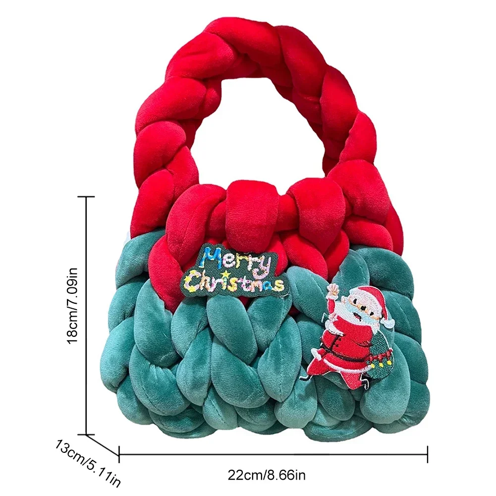 Women Hand-Woven Bag Icelandic Wool Top-handle Bags Hollow Out Soft Contrast Color with Short Handle Ladies Christmas Santa Bag