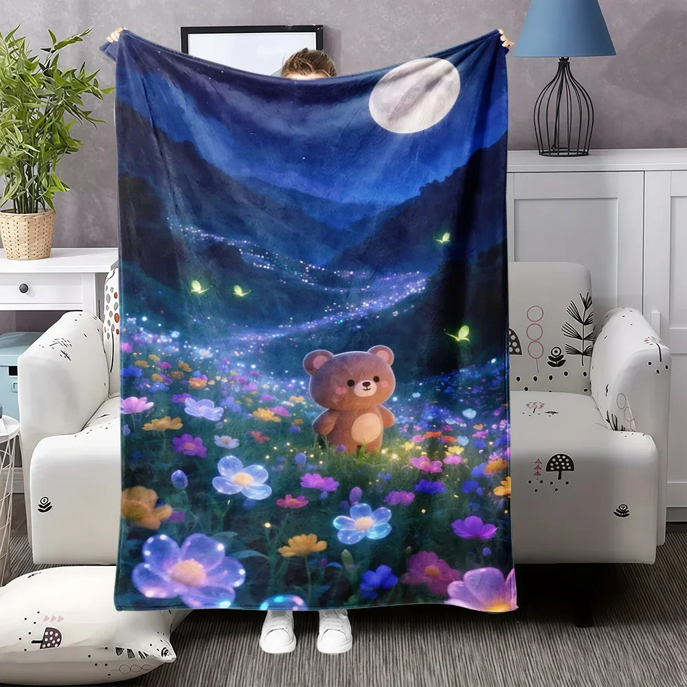 pc Nighttime Bear Print Flannel Blanket  Soft Warm AllSeason Throw with Moonlit Forest  Glowing Flowers Design Cozy Indoor