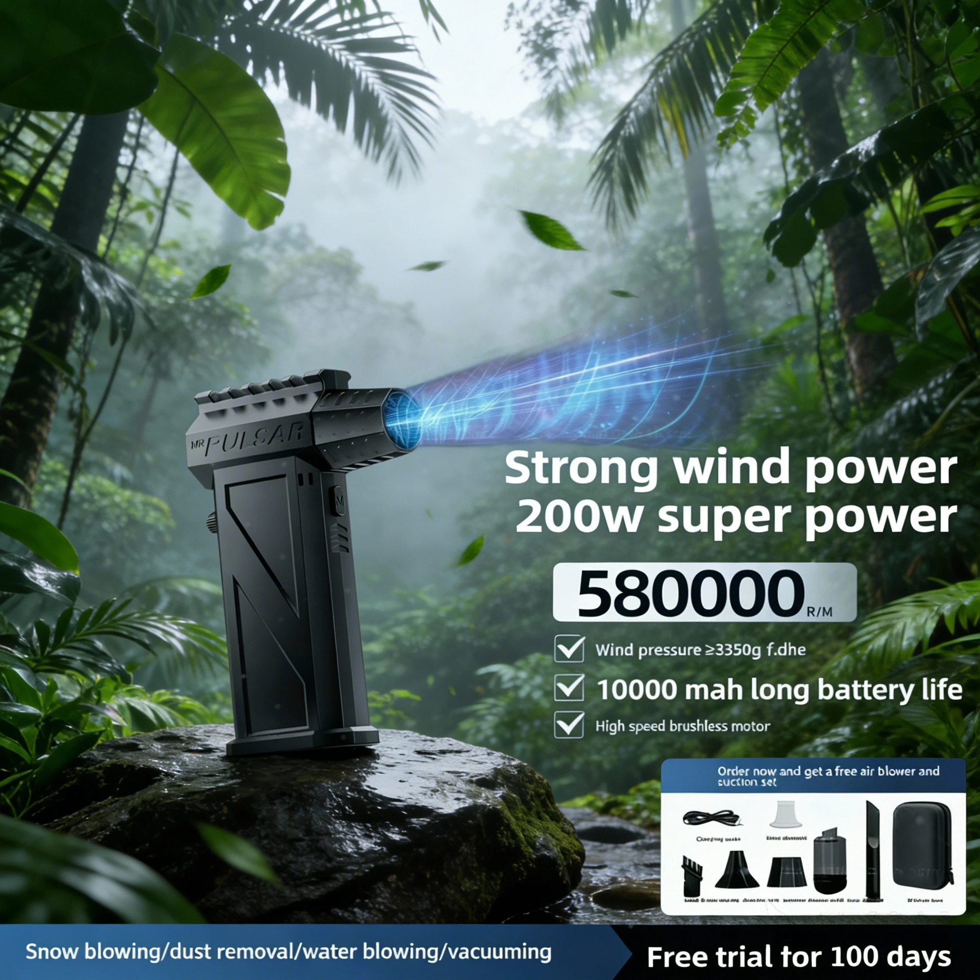 

A powerful handheld violent fan with 480000 RPM,brushless motor,can be used to remove dust,snow and perform vacuuming operations