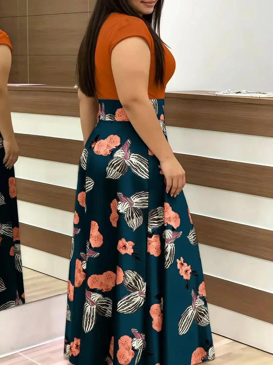 

Plus Size Women's Dress Crew Neck Short Sleeve Floral Print High Waist A-Line Maxi Dress Chic Spring Summer Casual Light Dress