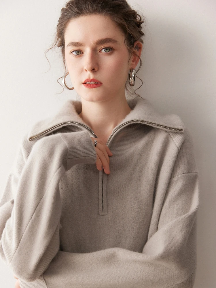 TLOML 가을 겨울 여성용 100% 캐시미어 스웨터 두꺼운 하프 지퍼 터틀넥 풀오버 캐주얼 루즈 캐시미어 니트웨어 편안한 탑