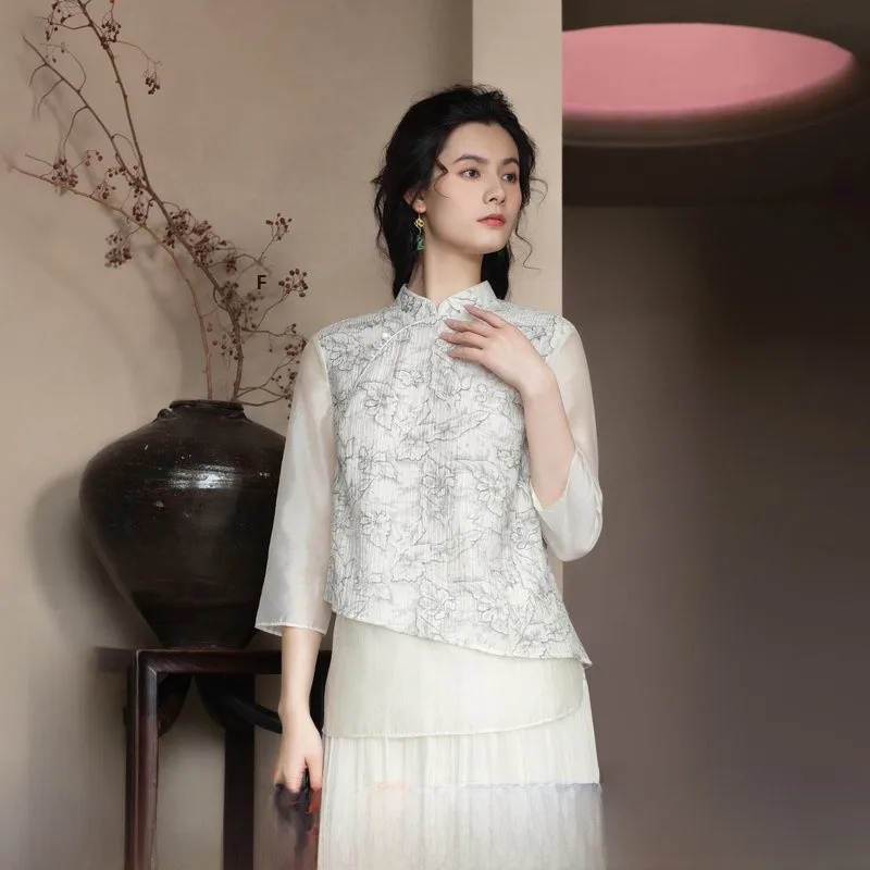 

Ele Floral Print irt Women's Svel Stand Collar Loose Fit Summer New Arrival by a Life on the Left