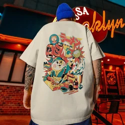 Trendy Japanese Vintage Sushi Lamian Noodles Cat Short Sleeved T-Shirt Male Couple Outfit Cotton Loose Casual Top