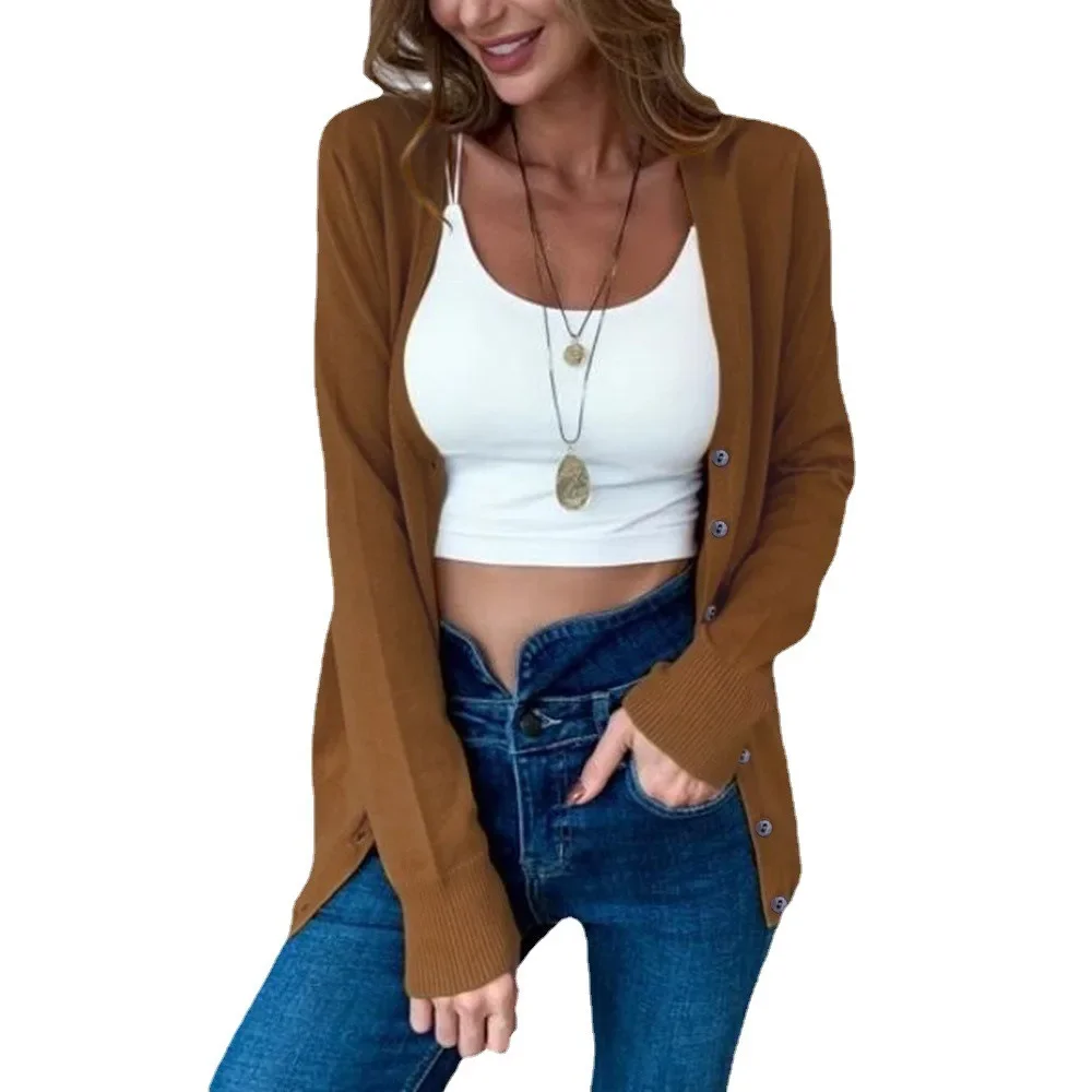 2024 Summer Women\'s Button Round Neck Long Sleeve Soft Knitted Cardigan Sweater for Women