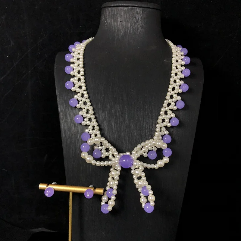 Multi Layer Braided Pearl Necklace Set with Purple Round Beads Bow Tassel Pendant Gold Plated Drop Earrings Women Wedding Jewelr