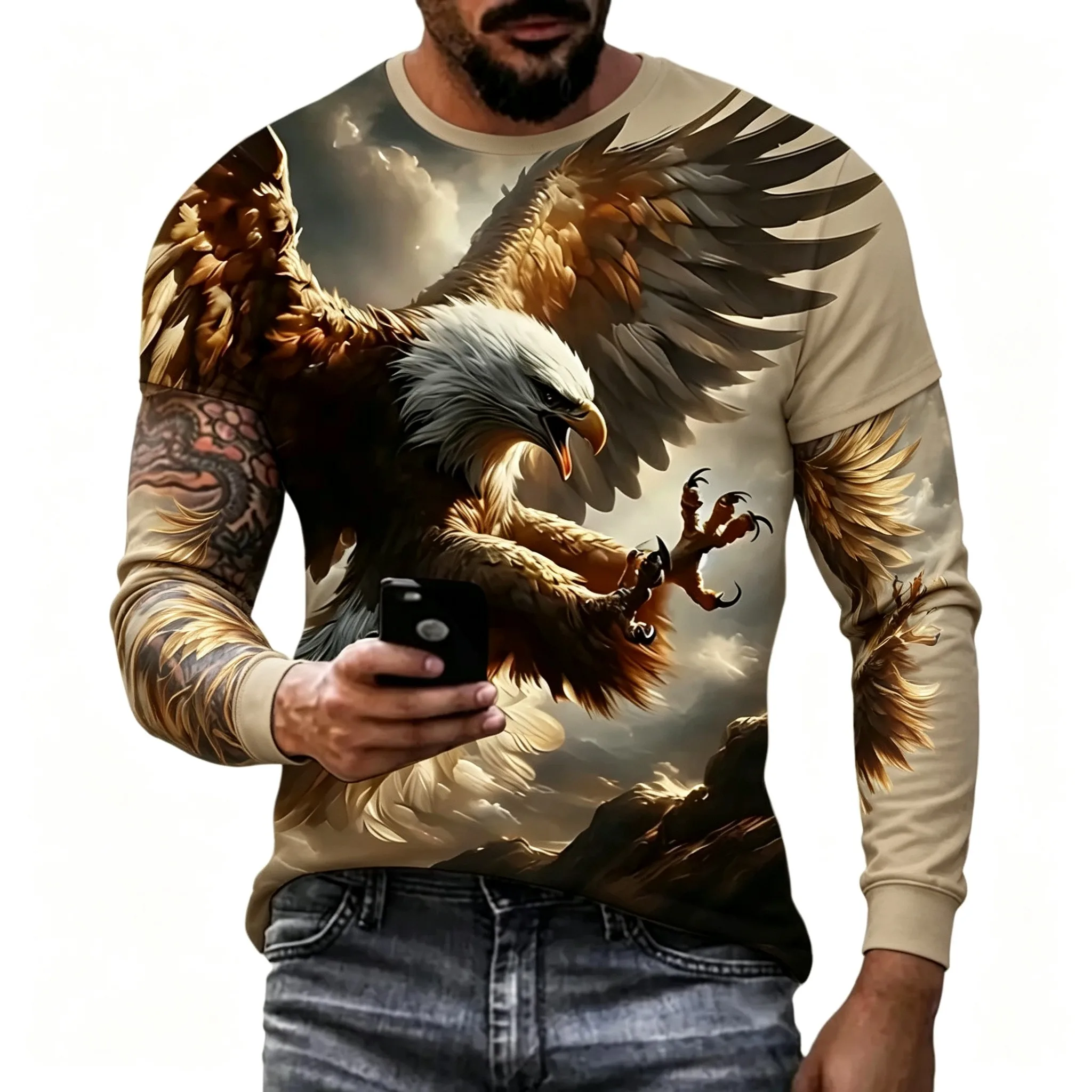 Men's Long Sleeve T-Shirt Bald Eagle Forest Moon 3D Print Casual Outdoor Streetwear Crew Neck Top