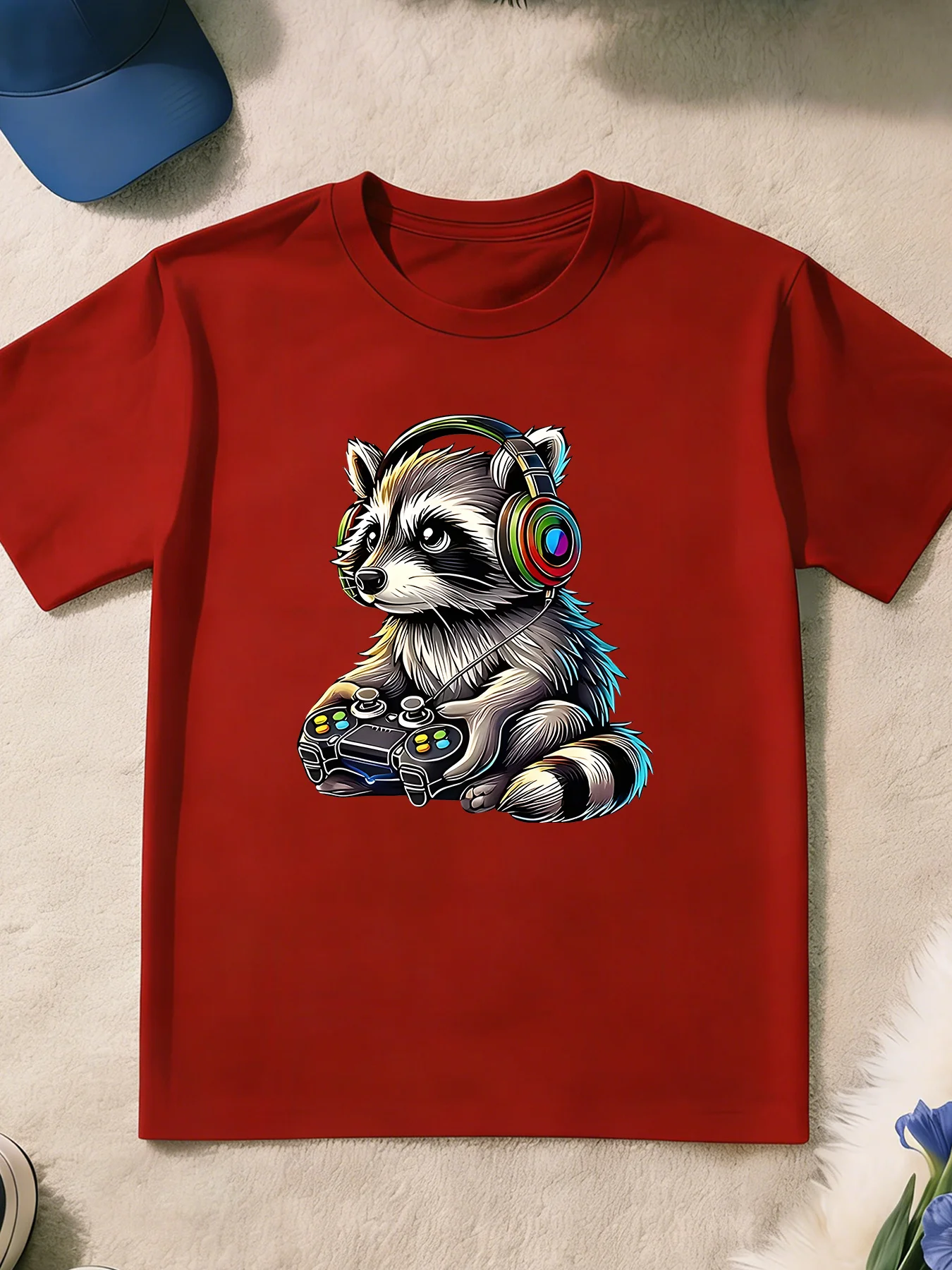 Kids  Cotton Tee Cute Rainbow Headset Gaming Raccoon With Gamepad Graphic Crew Neck Short Sleeve Game Lover Casual Tops