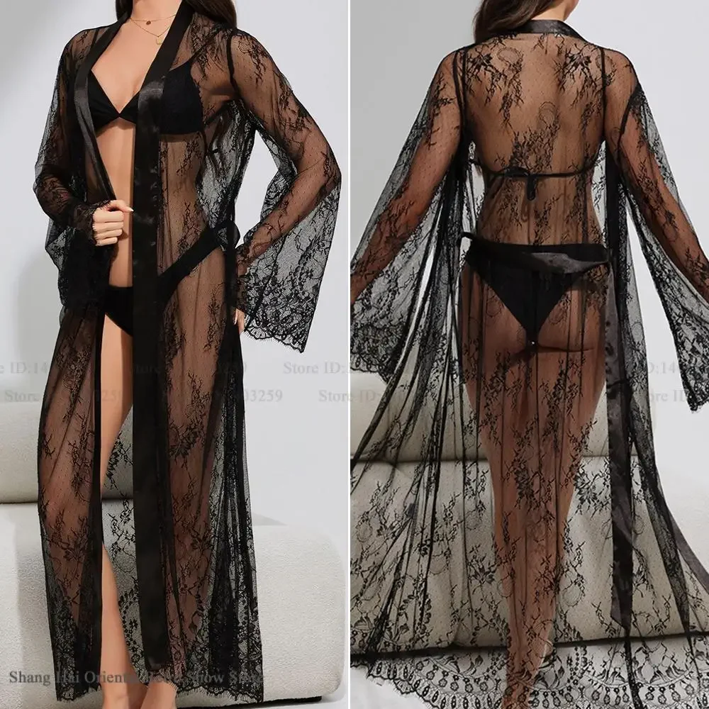 Perspective Lace Female Long Robe Kimono Gown Bathrobe Temptation Sexy Intimate Lingerie Elegant Home Dress Negligee Loungewear