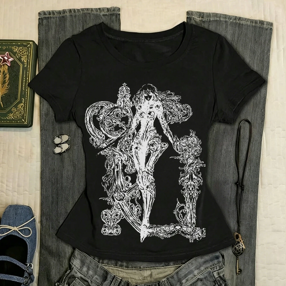 Shoujo Girl Style Grunge Clothes Y2k Kitty Women Top Woman Clothing T Shirt for Women 90s Clothes Vintage Goth Kpop Emo Kawaii