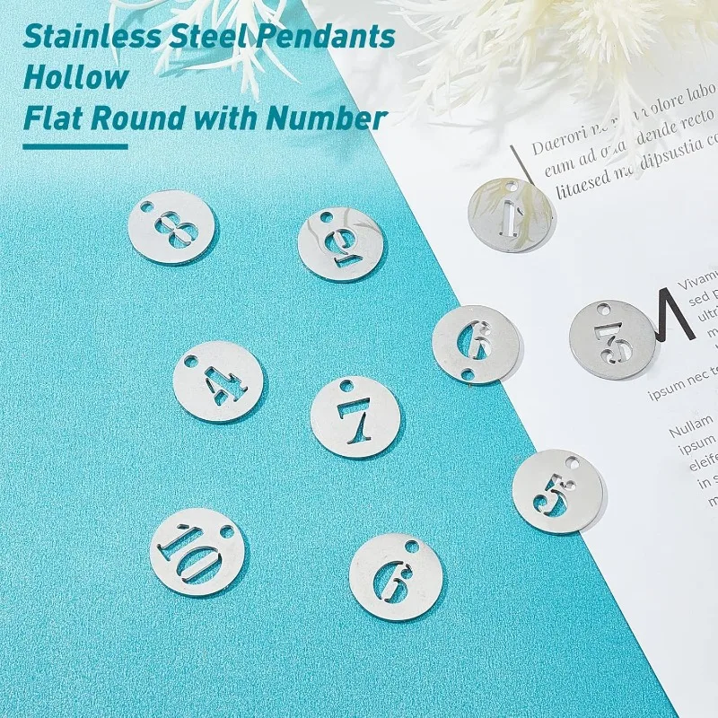 10Pcs 1-10 Number Charms Silver Stainless Steel Flat Round Hollow Disc Charms Lucky Numbers Metal Coins for Jewelry Making Charm