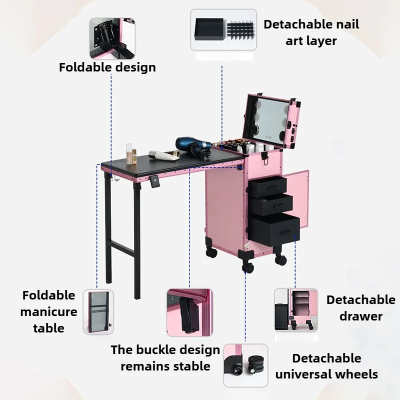 Foldable Rolling Makeup Case Movable Makeup Table LED Mirror Bluetooth Drawers Cosmetic Box Organizer Professional Storage Case