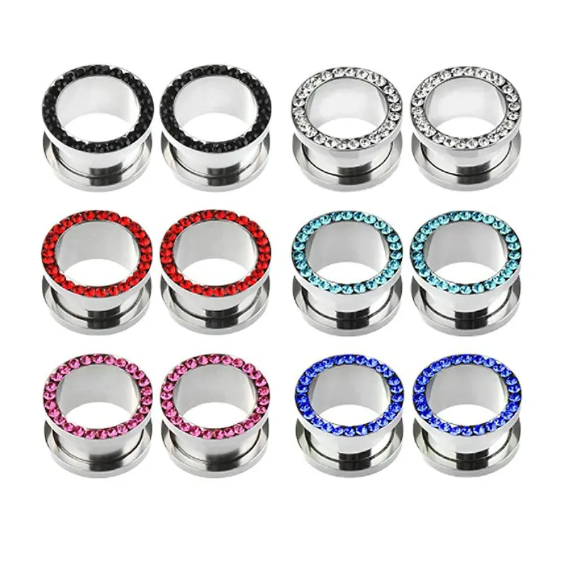 

20pcs/Lot Steel Paved Crystal Gem Ear Piercing Tunnel Gauges Screw Fit Ear Flesh Plugs Expander Body Jewelry