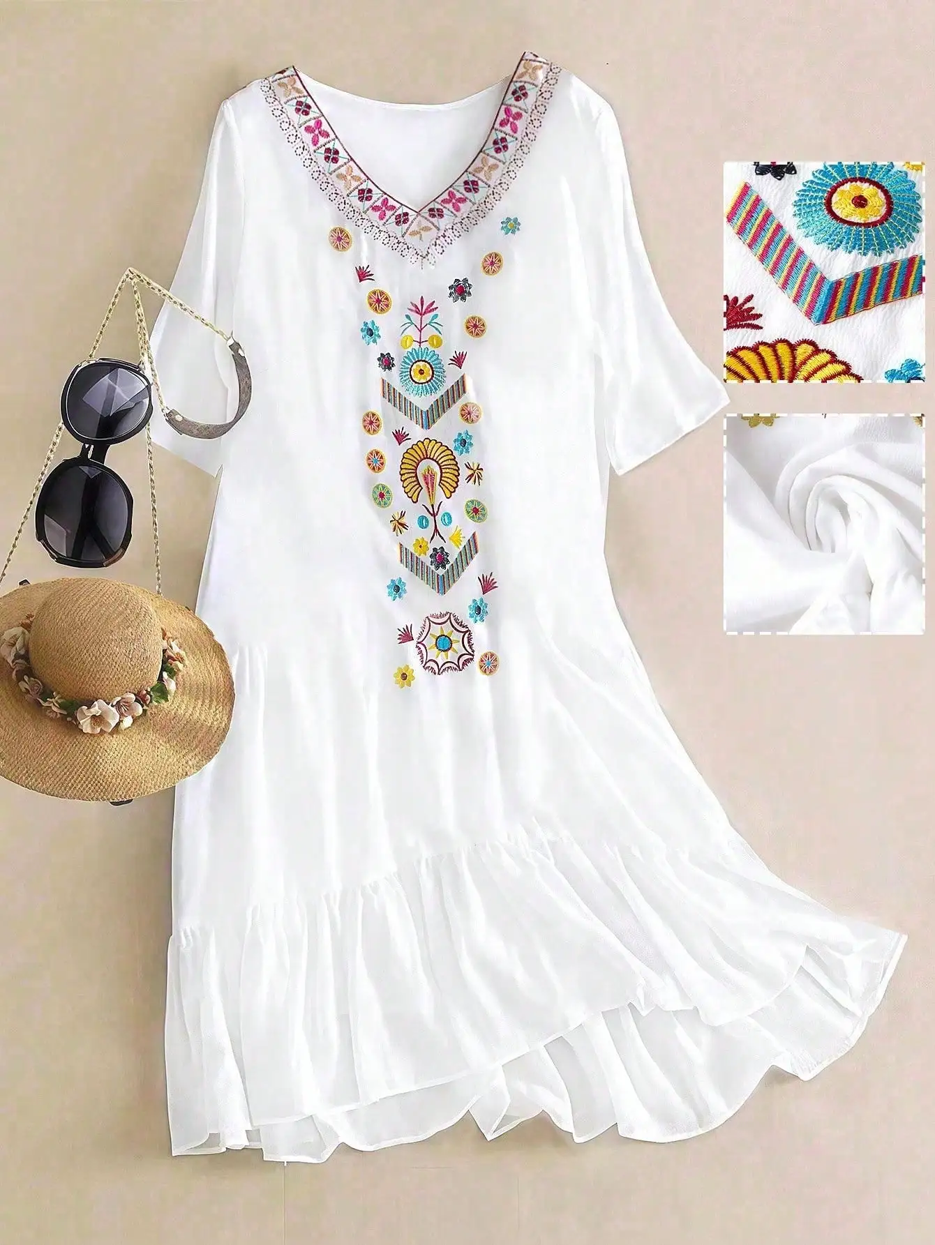 

White Embroidered V-Neck Short Sleeve Loose Dress with Floral Pattern