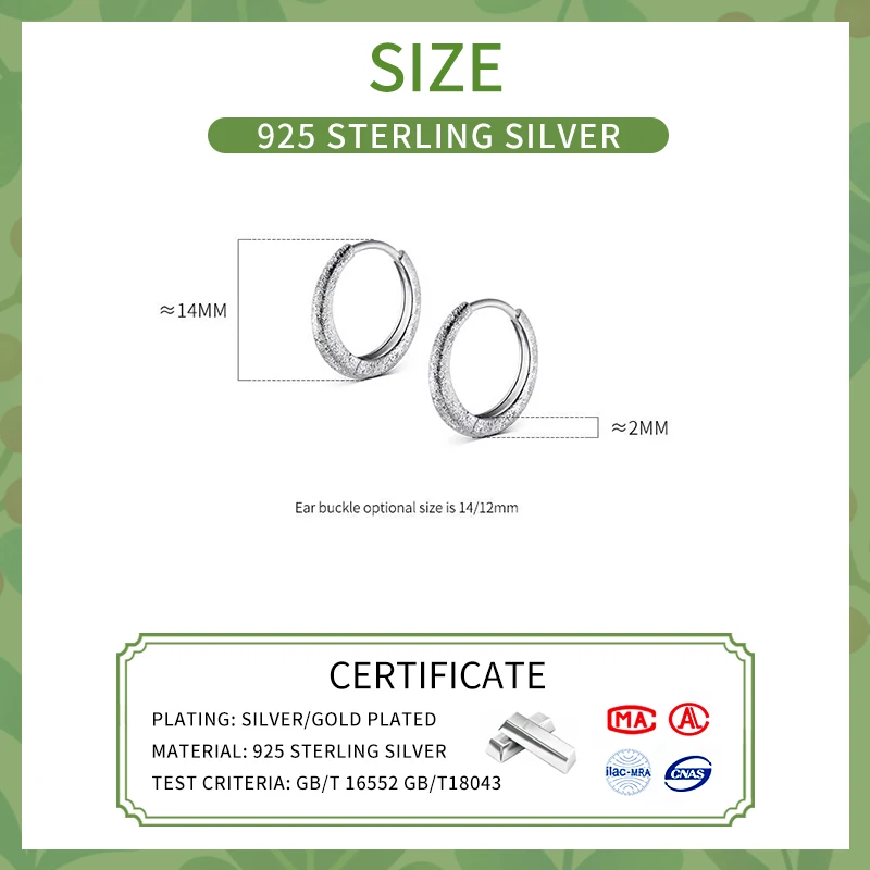 INZATT Real 925 Sterling Silver Frosting Round 12/14mm Huggies Hoop Earrings for Women Light Luxury Geometric Fine Jewelry