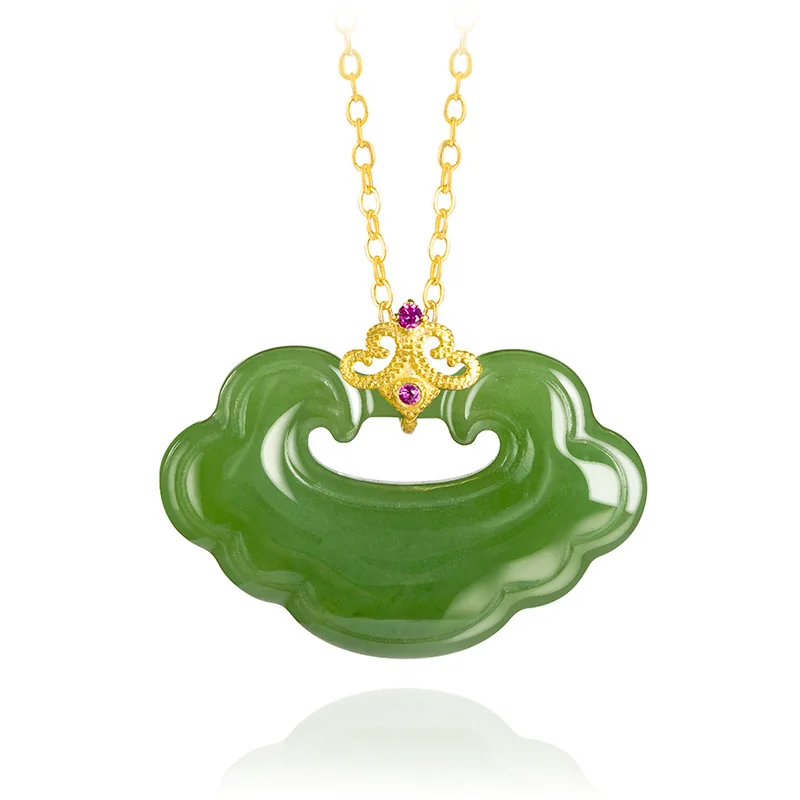 Spinach Green Old Material Hetian Ruyi Lock Pendant, 18K Gold Inlaid With Natural Jade, Women'S Style