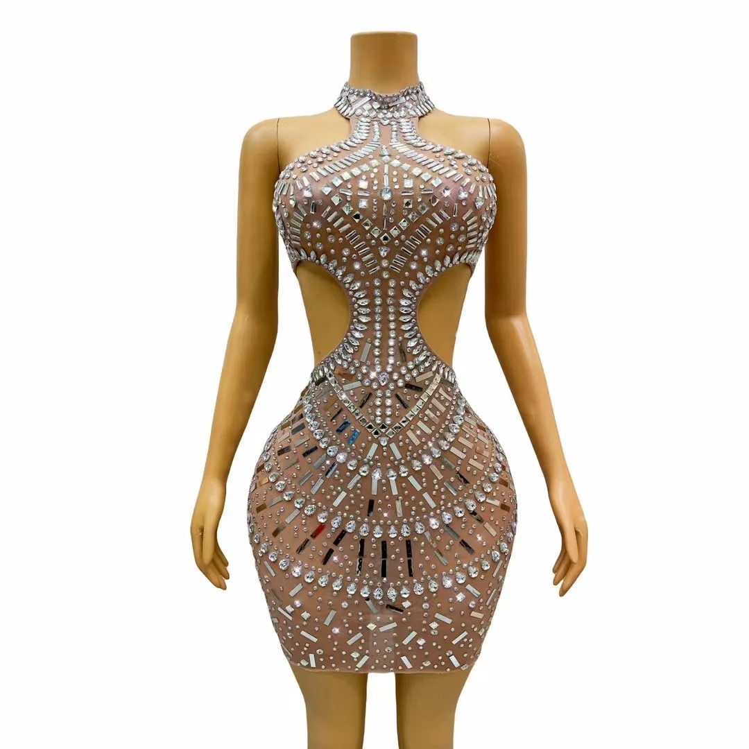 Sexy Stage Silver Rhinestones Sequins BacklessHollow Dress Birthday Celebrate Outfit EveningStage Performance Dancer CostumeC237