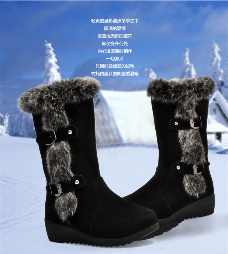 New Winter Women Boots Casual Warm Fur Mid-Calf Boots shoes Women Slip-On Round Toe wedges Snow Boots shoes Muje Plus size 42