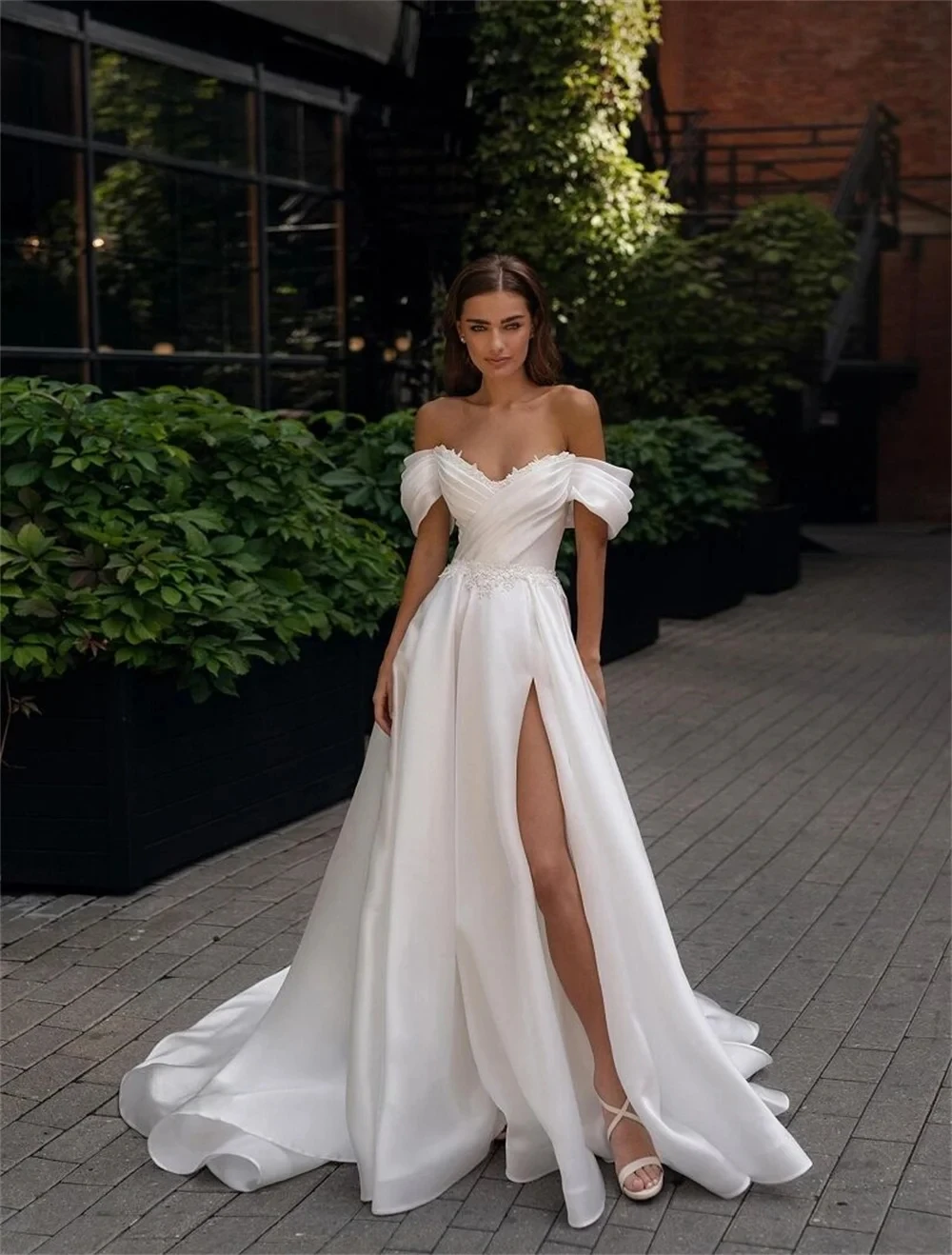 

2026 Elegant Off-the-Shoulder, Lace Applique Pleated, Satin A-Line Bridal Wedding Dress, Side Slit Custom Made.