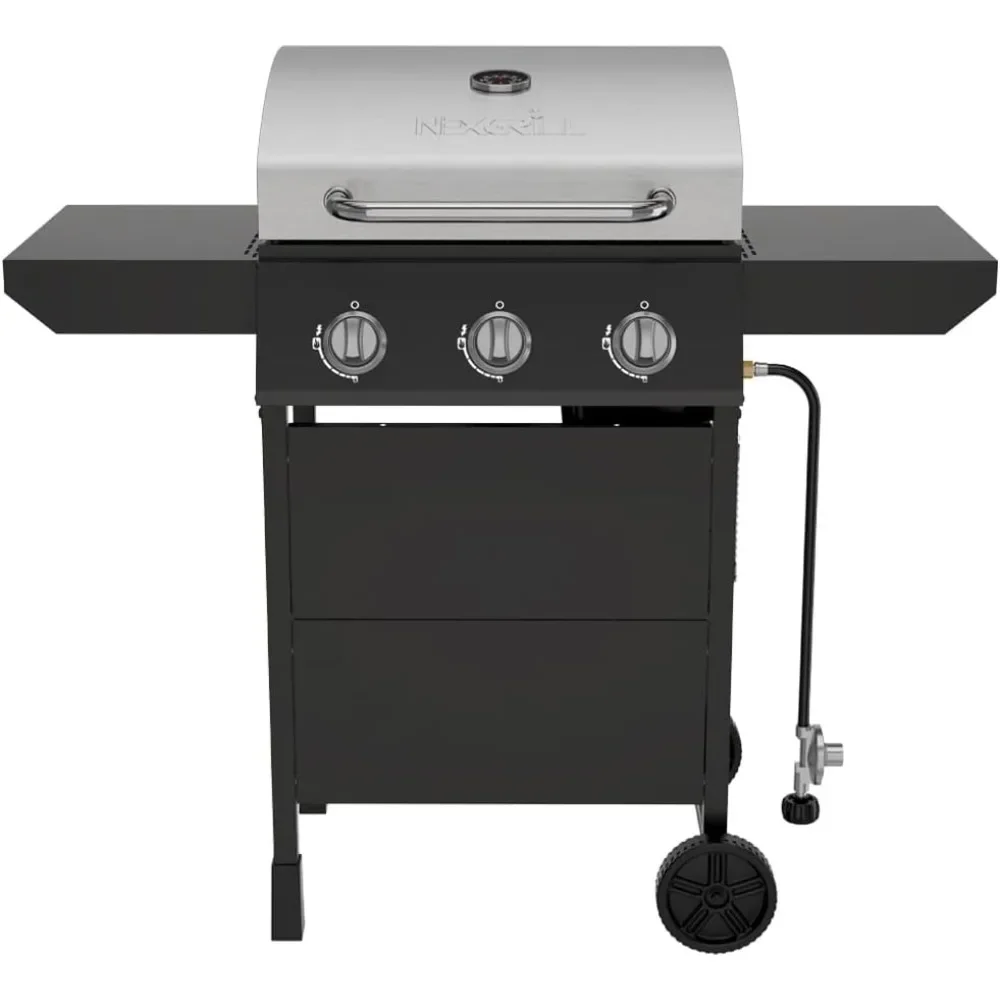 

3 Burner Propane Barbecue Gas Grill, Side Table Open Cart with Wheels, Outdoor Cooking, Patio, Garden Barbecue Grill, 27000 BTUs