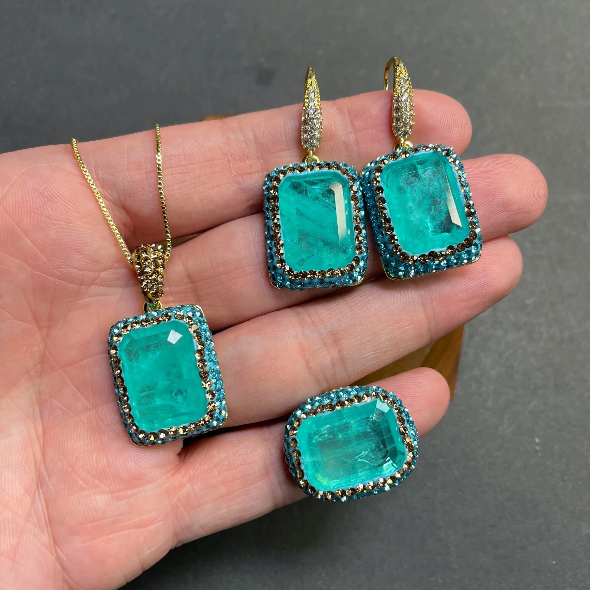 1Set glass quartz green blue red brown zircon pendant necklace earring ring women‘s jewelry party