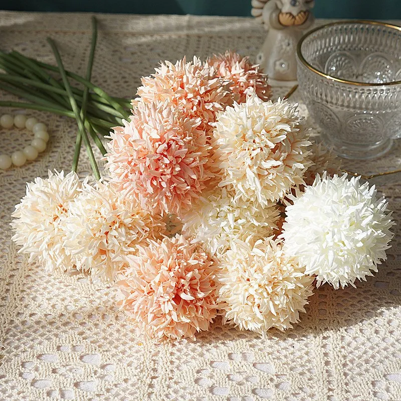 4Pc Artificial Flowers Vase for Home Decor Christmas Wedding Bouquet Silk Crafts Hydrangea Ball Chrysanthemum Bridal Accessories