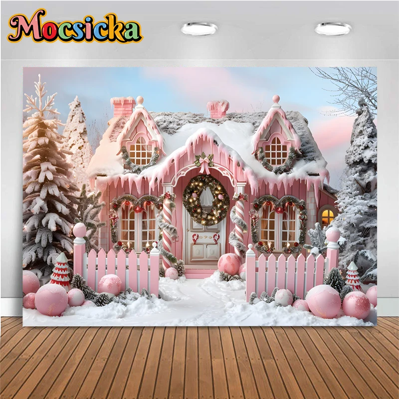 Mocsicka Christmas Photography Background Pink House Xmas Tree Snow Decoration Family Children Baby Photo Backdrop Studio Banner