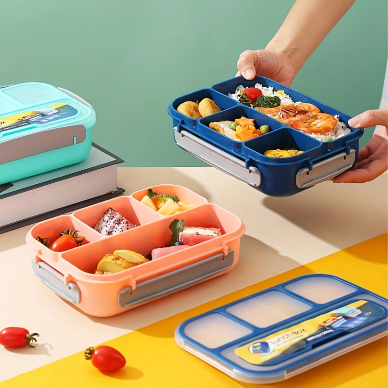 1pc Lunch Box With Tableware For Office Workers, Square Divided Microwave Oven Bento Box, Leakproof Food Container, For Back To 