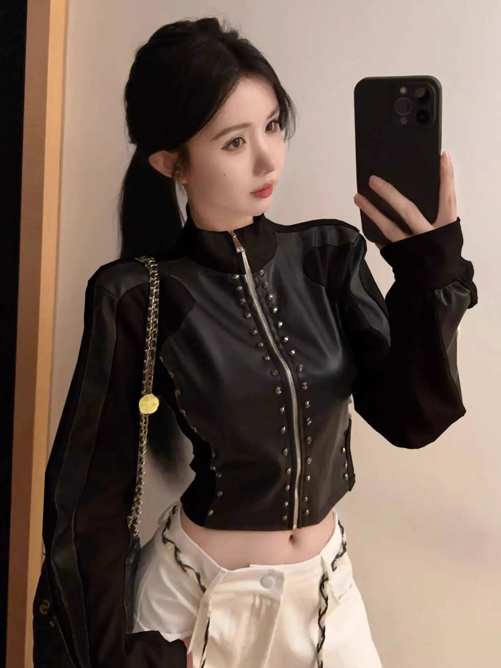 Women Crop Motorcycle Jacket 2025 Autumn Faux Leather Jacket Women's Stand Collar Ribbed Versatile Autumn Winter Cardigan