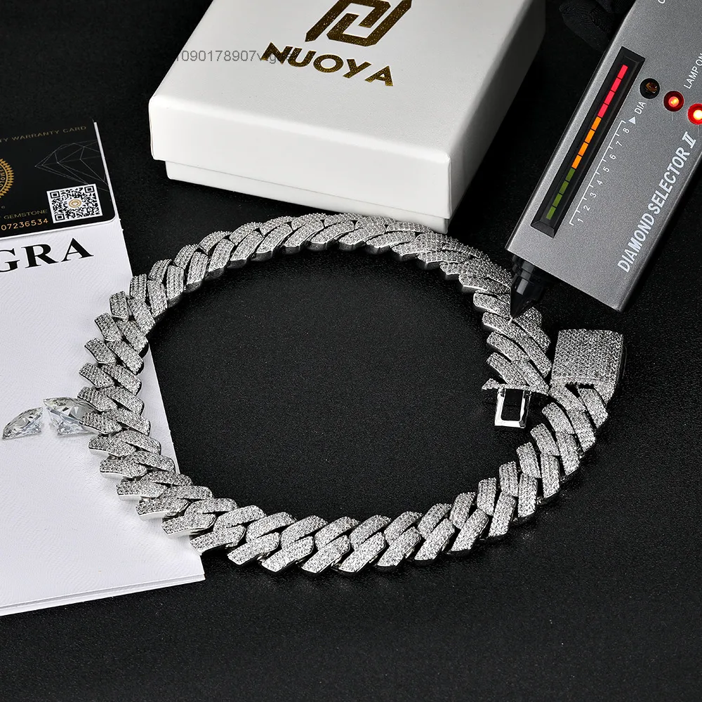 Diamond Pass Miami Hip Hop Jewelry VVS Stone Shiny 3ROW Men 925 Sterling Silver Necklace Moissanite Cuban Link Chain.