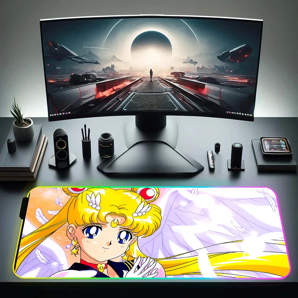 Cute Cartoon S-Sailor Moons RGB Pc Gamer Keyboard Mouse Pad Mousepad LED Glowing Mouse Mats Rubber Gaming Computer Mausepad Gift