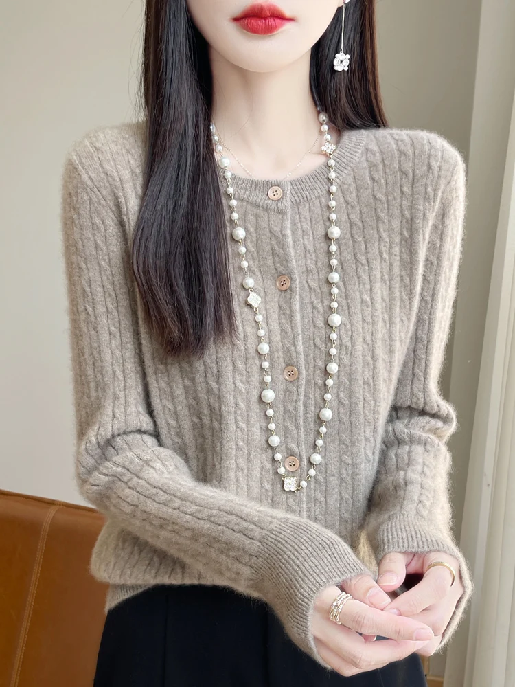 

2024 Autumn Winter Women 100% Merino Wool Sweater O-Neck Twisted Button Knitted Cardigan Casual Basics Cashmere Clothing Top