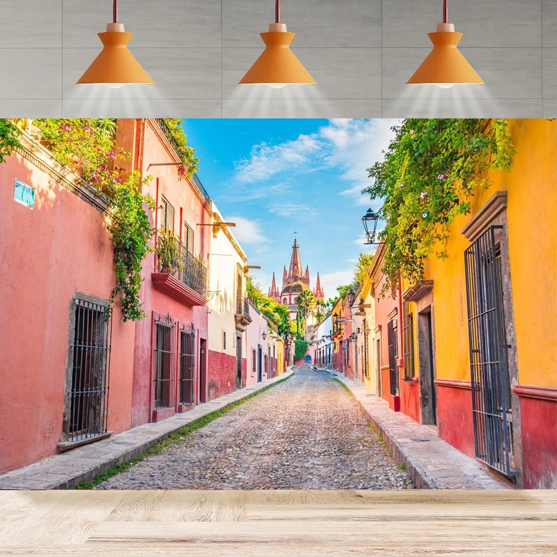 

Mexico Town Street Photography Backdrop For Colorful Houses of San Miguel de Allende Background Home Party Backdrop Wall Banner